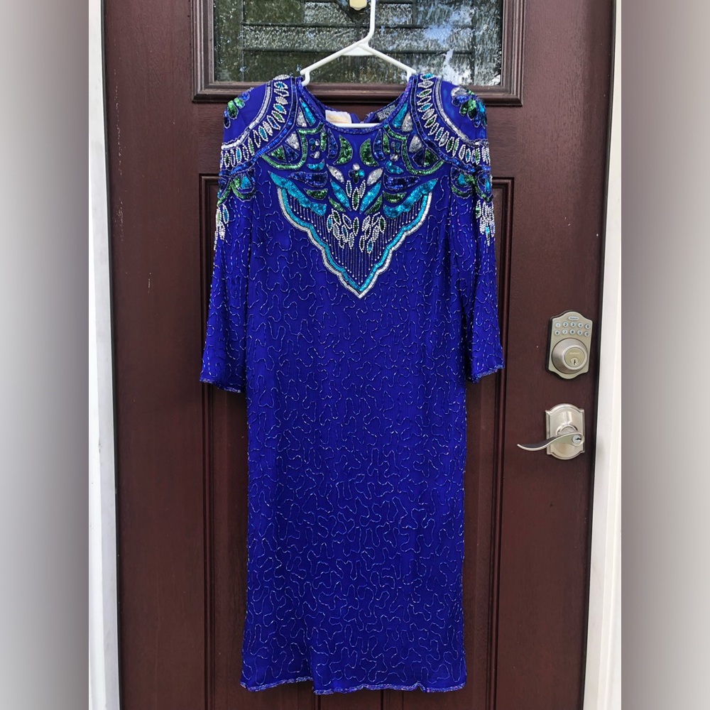 Vintage 1980s Sequin / Beaded Blue Dress - Roamans